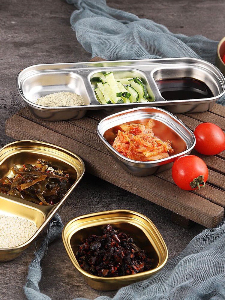 304 stainless steel Korean style sauce dish gold saucer dish hot pot seasoning plate sauce dish barbecue tableware two grids and three grids - CokMaster