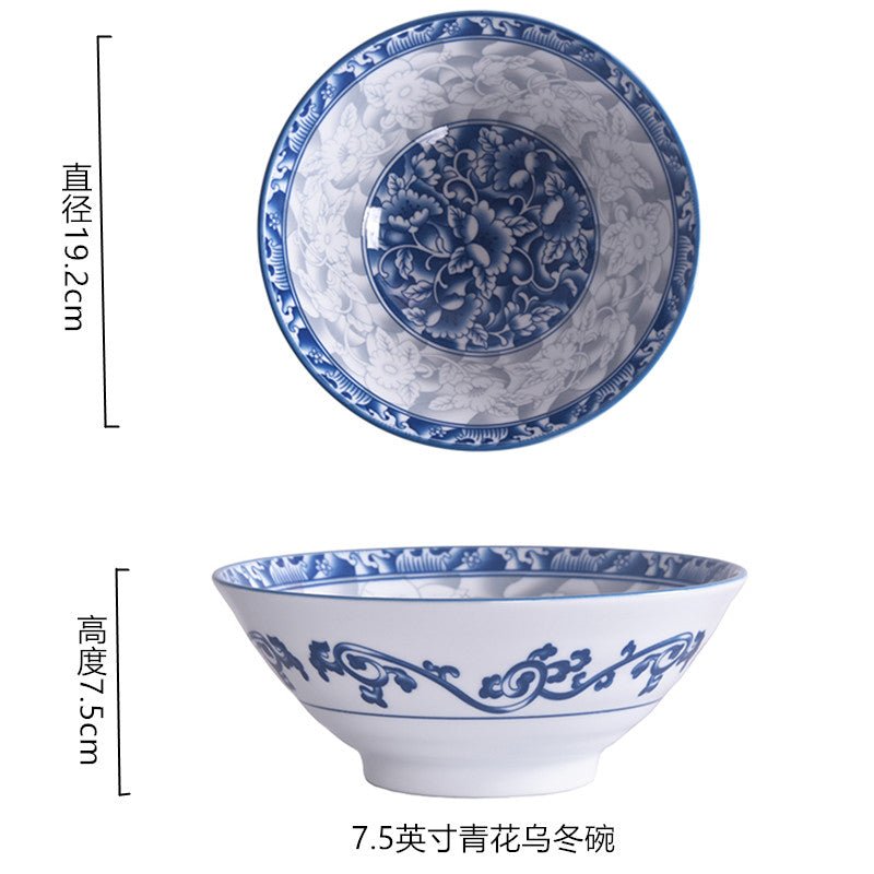 6-8 inch noodle bowl ceramic blue and white tableware household large soup bowl noodle bowl underglaze color rain-hat shaped bowl microwaveable - CokMaster