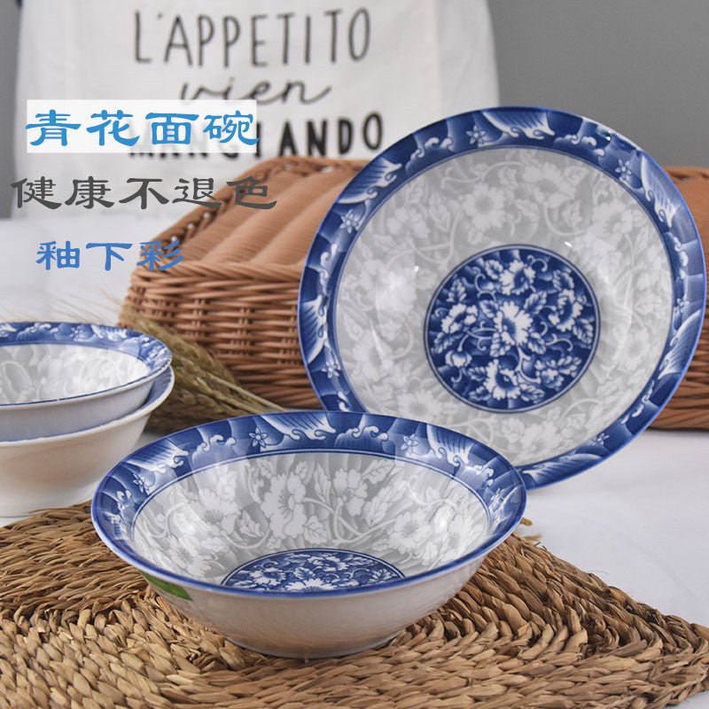 6-8 inch noodle bowl ceramic blue and white tableware household large soup bowl noodle bowl underglaze color rain-hat shaped bowl microwaveable - CokMaster