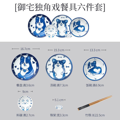 Corgi for one person ceramic tableware hand painted underglaze dishes and plates bowl and chopsticks 6-piece set non-Jingdezhen - CokMaster