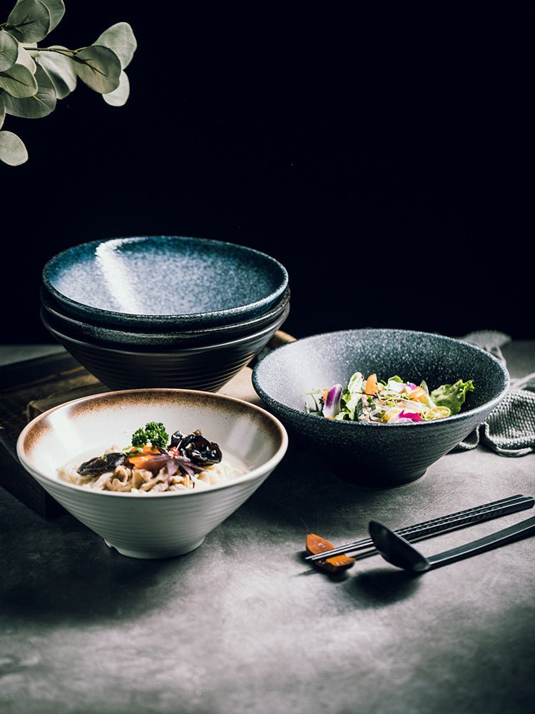 Japanese style ceramic bowl household large ramen bowl rice bowl noodle soup bowl creative cutlery set Commercial rain-hat shaped bowl - CokMaster